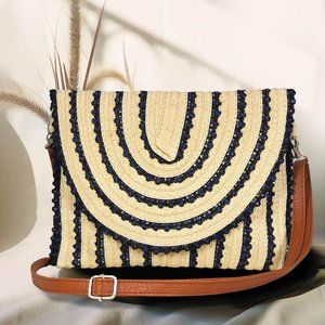 Lace Trimmed Straw Clutch / Crossbody Bag